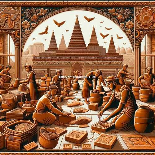 showcasing an ancient Mesopotamian scene with workers crafting terracotta tiles