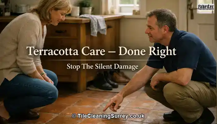 A homeowner stands slightly side-on, gently leaning forward while listening to a calm professional who is kneeling and pointing carefully toward the terracotta floor