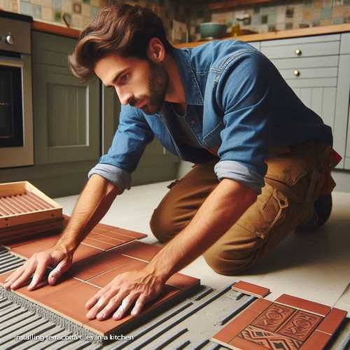 A professional installer carefully installing terracotta tiles in a kitchen