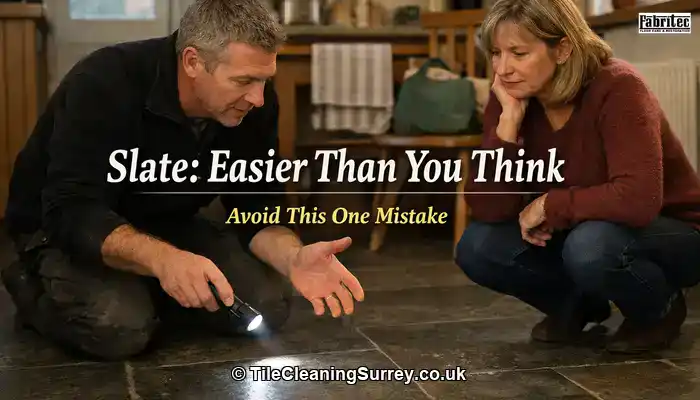 Homeowner and specialist discussing whether slate flooring suits a Surrey home, with a lived-in hallway and slate floor visible.