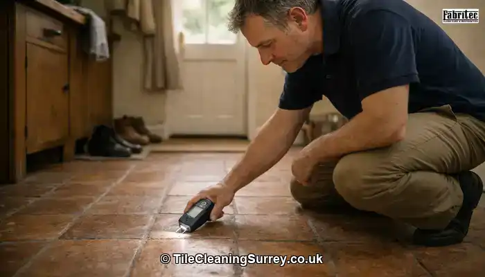 Specialist assessing a terracotta floor before applying a breathable sealer.