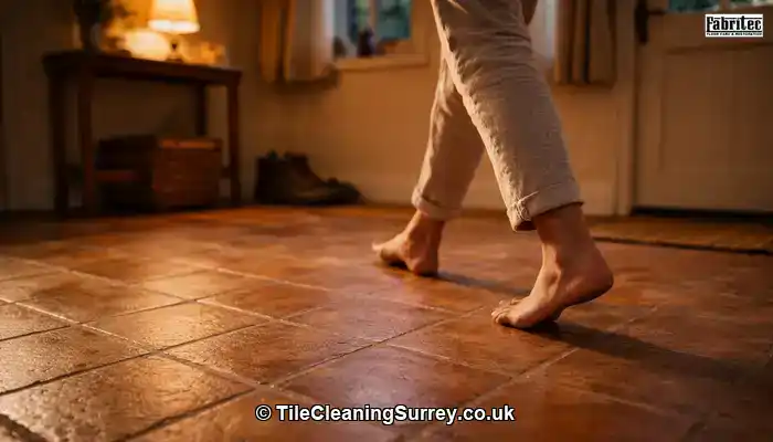 Calm, welcoming home interior with naturally finished terracotta tiles.