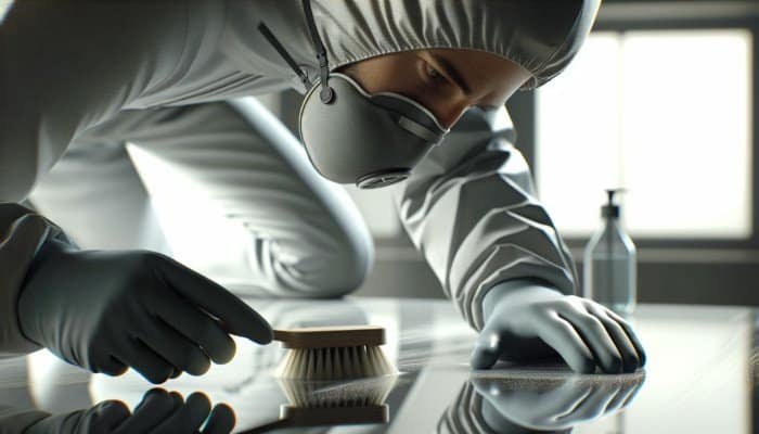 A person in gloves scrubbing a surface with a soft brush and alkaline solution, lifting dirt without damage.