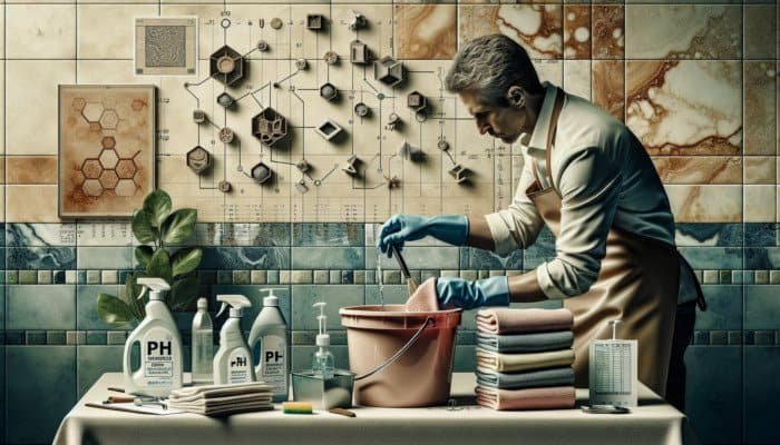 How to Clean Travertine Tile: Person assembling cleaning supplies on table: pH-neutral cleaner, microfiber towels, bucket of warm water, travertine tiles background.