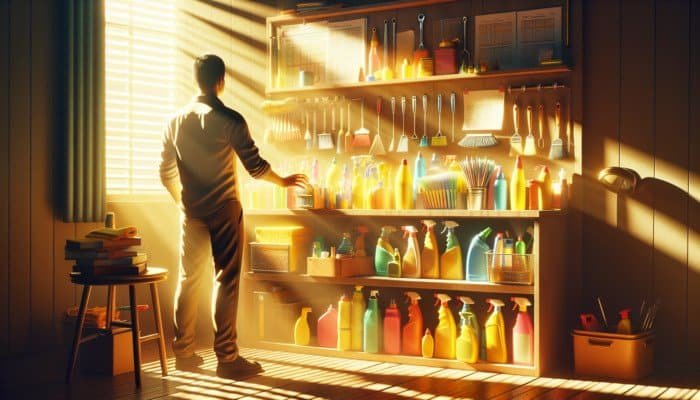 Person arranging colorful tools and cleaning supplies on a shelf in morning light.