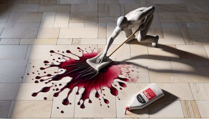 Person blotting red wine spill on travertine tiles with cloth, pH-neutral cleaner bottle nearby.