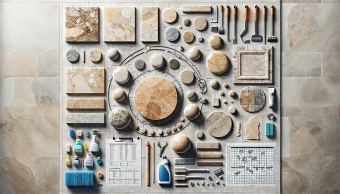Alt text: Travertine surfaces with dirt, stains, scratches, chips, cracks; honed and polished finishes, cleaning tools and products.