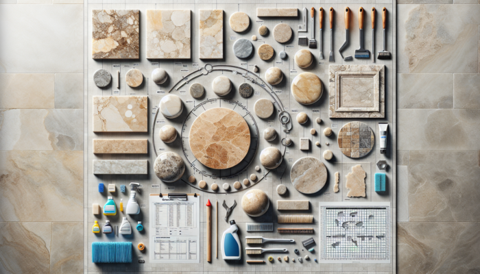 Alt text: Travertine surfaces with dirt, stains, scratches, chips, cracks; honed and polished finishes, cleaning tools and products.