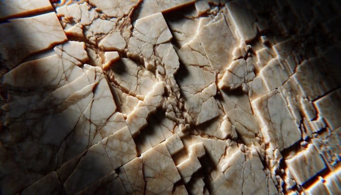 Close-up of travertine tiles showing cracks, chips, and fissures under bright light.