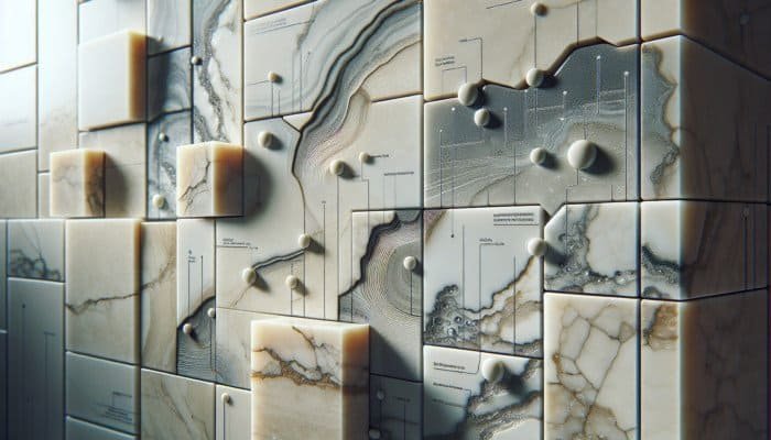Travertine tiles with deep cracks filled with epoxy and hairline cracks treated with resin in a modern bathroom.