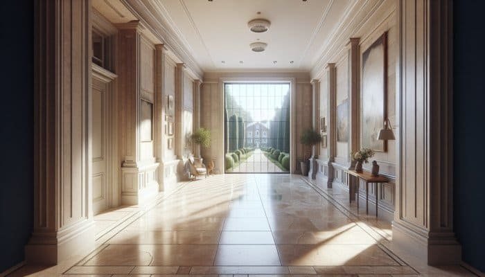 Durable travertine tiles in a luxurious UK home hallway, showcasing natural stone texture and enduring beauty.