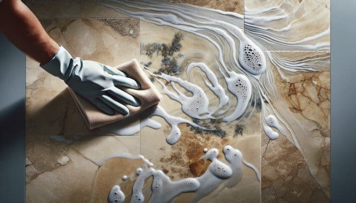 UK home's travertine floor cleaned with DIY solution, lifting dirt without water spots.