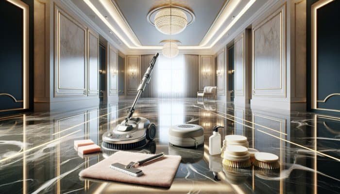 Soft microfiber cloth, non-abrasive pads, and delicate mop cleaning marble floor, with soft-bristle brush and marble polish machine nearby in a luxurious room.