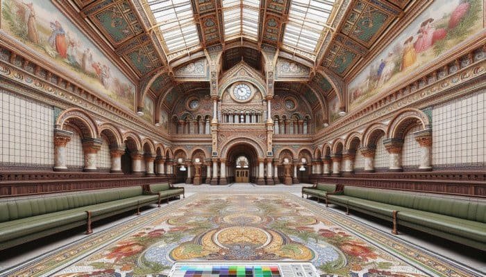 Victorian tiles in a grand hall, showcasing intricate patterns and vibrant colors, symbolizing 19th-century craftsmanship.