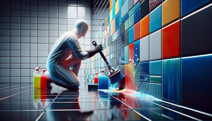 A person cleaning grout between colorful bathroom tiles with a brush and solution in a modern bathroom.