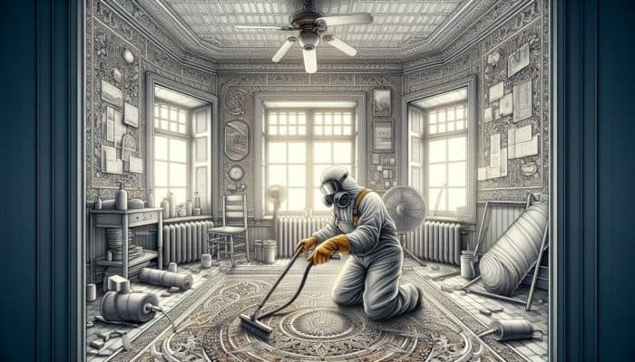 Person wearing gloves and eye protection cleaning Victorian tiles in a well-ventilated room.