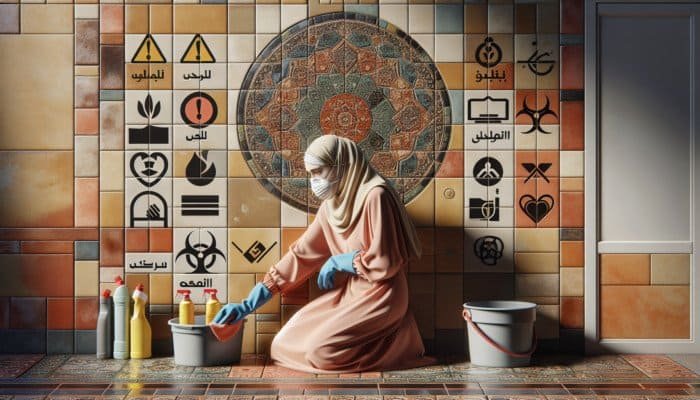 Person in gloves and mask cleaning terracotta tiles in a well-ventilated room with safety signs.