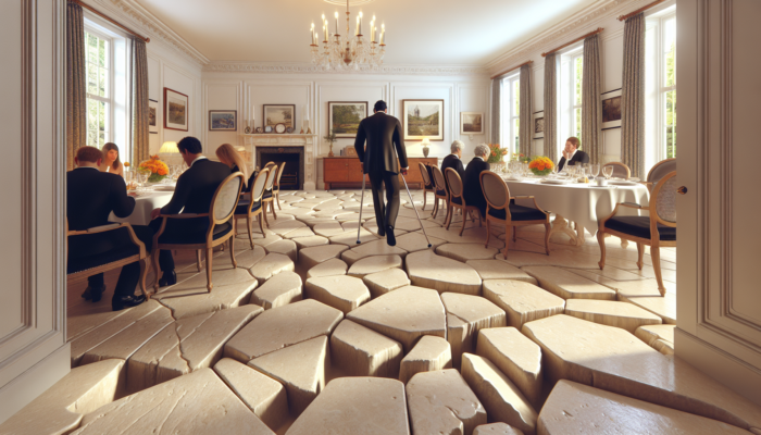 Limestone tiles with uneven edges causing tripping hazards in a UK home during a dinner party.