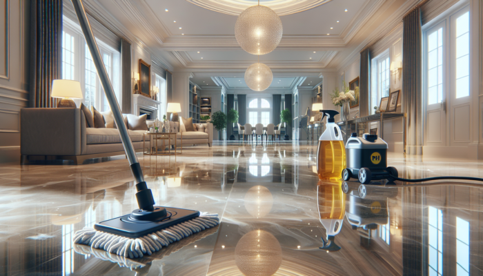 Luxurious UK home with polished and honed marble floors, showing cleaning tools in use.