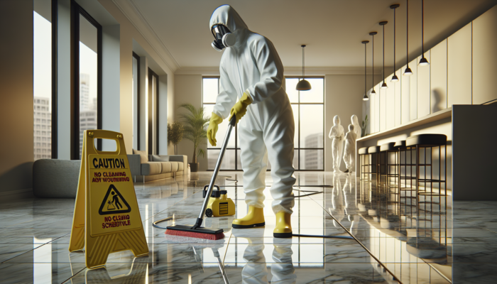 Person in protective gear cleaning marble floor, with caution signs and open windows, in well-lit room.