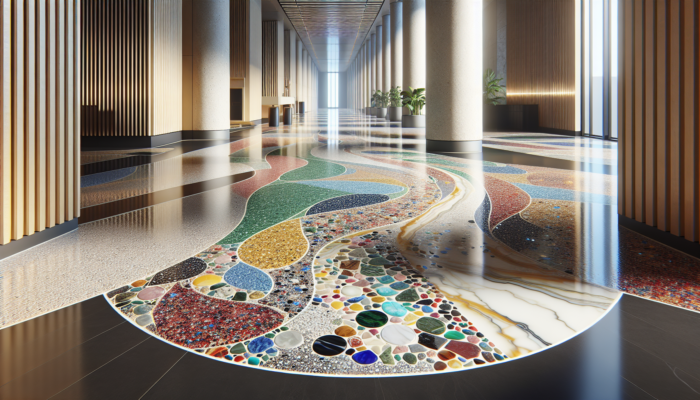 A vibrant terrazzo floor with colorful chips in a glossy epoxy base, showcasing intricate patterns in a modern space.