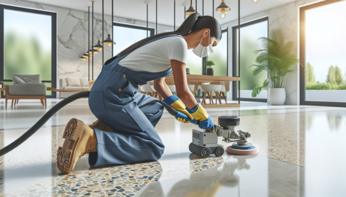A technician using grinding equipment to restore an uneven terrazzo floor in a modern home.