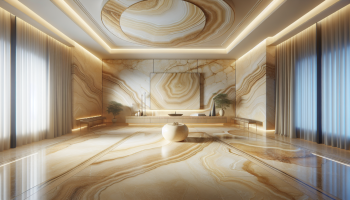 Elegant travertine tiles with soft cream to rich golden beige hues and unique vein patterns in a sophisticated interior.