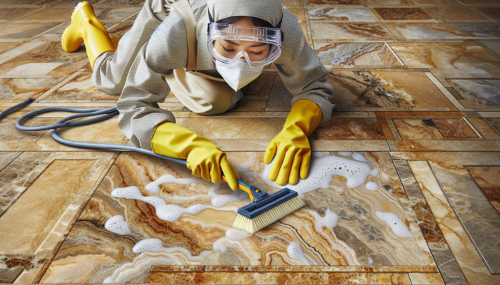 A close-up of well-maintained travertine tiles with a person using cleaning tools, emphasizing regular care.
