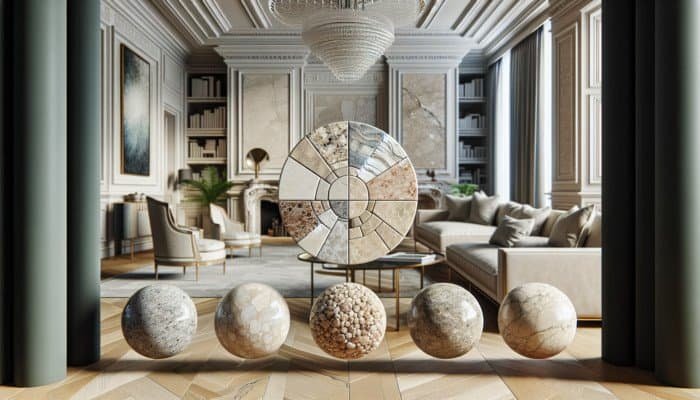 Display of filled, unfilled, honed, and polished travertine types in a luxurious UK home interior.
