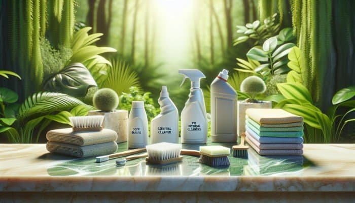 Essential travertine cleaning products displayed on a sparkling surface with lush greenery background.