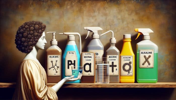 A person selecting a pH-neutral cleaner from a shelf of various slate cleaning products.