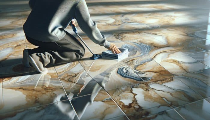 Person cleaning glossy travertine tiles in entryway, using soft cloth and mild solution, tiles reflecting light.