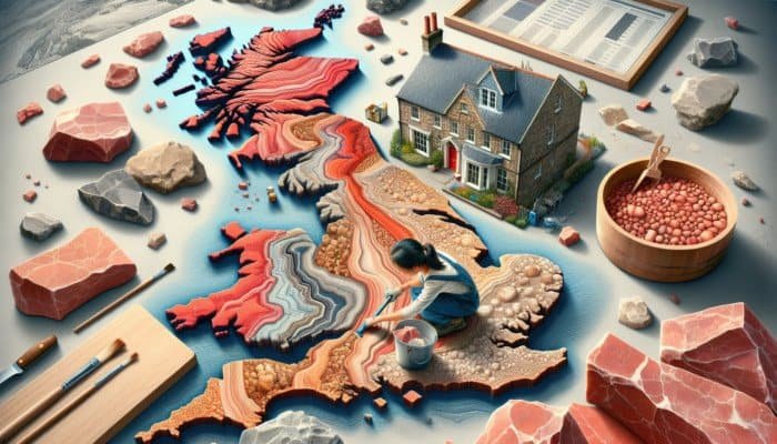 Geological map of UK showing red Triassic and buff Jurassic sandstones, with texture insets and homeowner cleaning Cotswold sandstone.