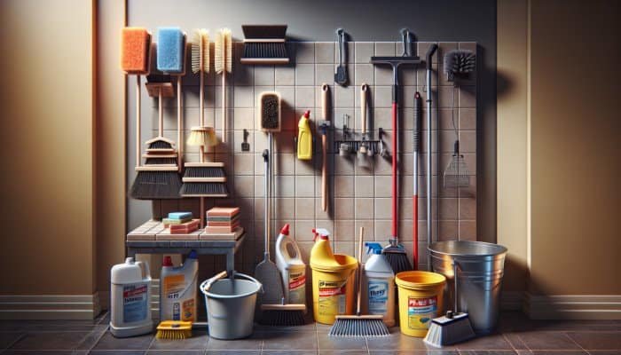 A well-organized cleaning station with supplies for cleaning red quarry tiles.