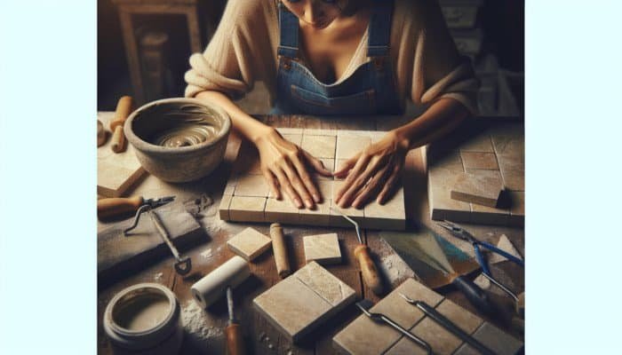 Hands preparing travertine tiles for repair with tools on a workbench.