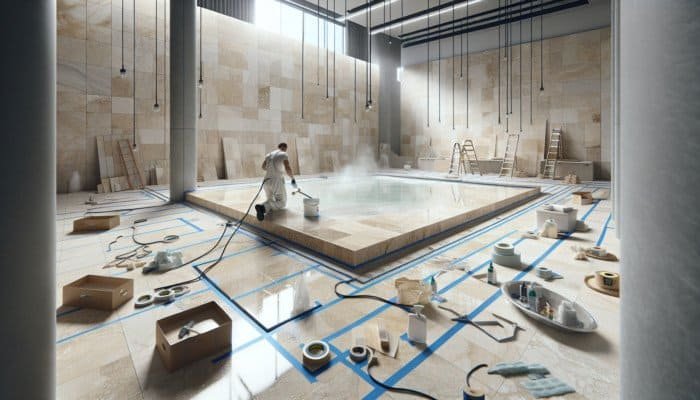 A clear workspace with travertine tiles being cleaned, furniture removed, and protected by painter's tape for effective repair.