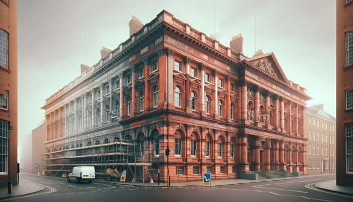 Historic UK building's terracotta facade restoration by experts, showing contrast between old and renewed sections.