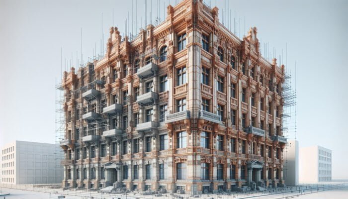 Historic building facade with reinforced terracotta, modern mortar, and backer rods, enhancing structural integrity.