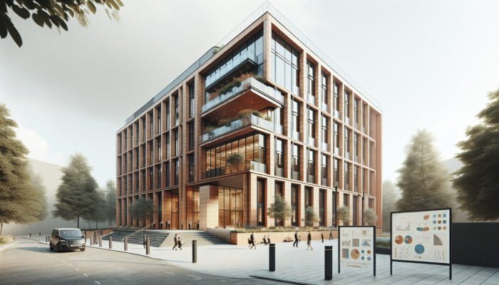 Modern UK building with terracotta cladding and tiles, blending contemporary and traditional styles.