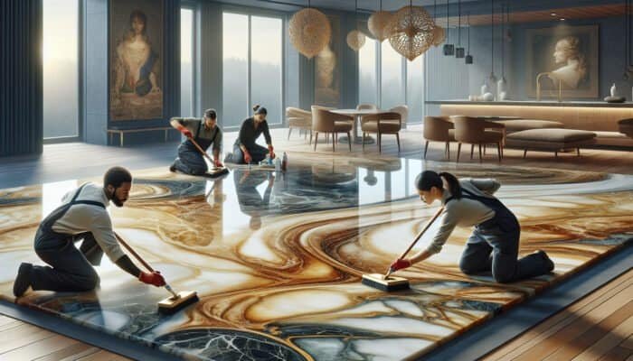 Professional team cleaning and restoring luxurious marble floor, enhancing home's elegant atmosphere.