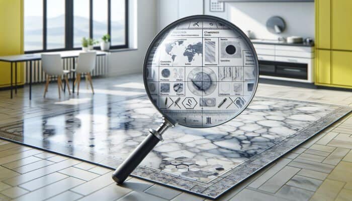 A UK home's marble floor with visible cracks, stains, and wear, magnified for detail.