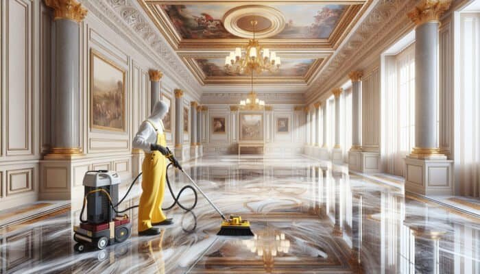 A professional cleaning expert polishing a dull marble floor to restore its shine and enhance its colors in a luxurious room.