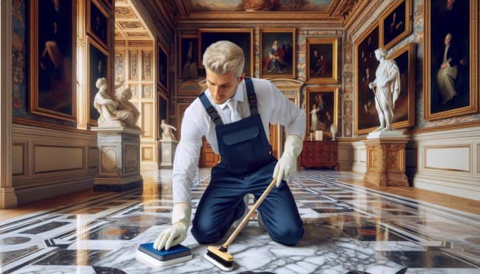 A UK marble cleaning specialist polishing a luxurious marble floor in a historic mansion.