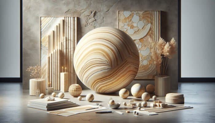 Elegant travertine stone with layered structure and natural pockmarks, in creamy beige to deep gold colors.