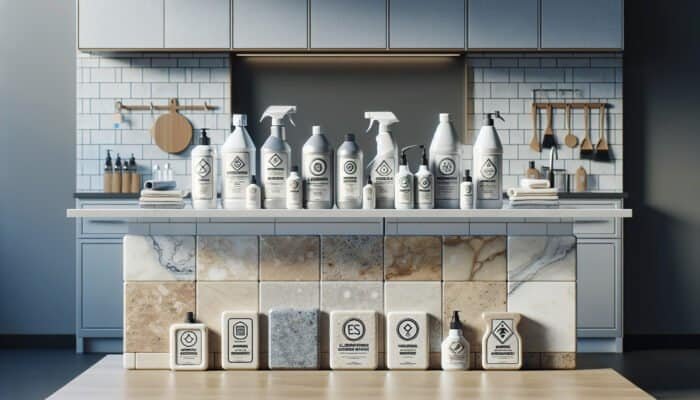 Comparison chart of top cleaning products for travertine on a modern kitchen counter with tiles.