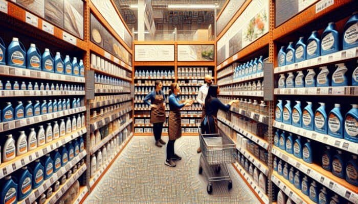 UK home improvement store aisle with travertine cleaners, staff assisting customers.