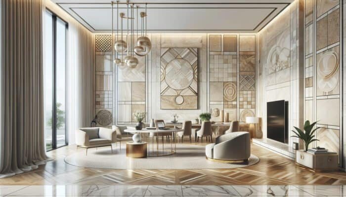 UK interior with classic beige, ivory, and walnut travertine tiles, blending elegance and contemporary style.
