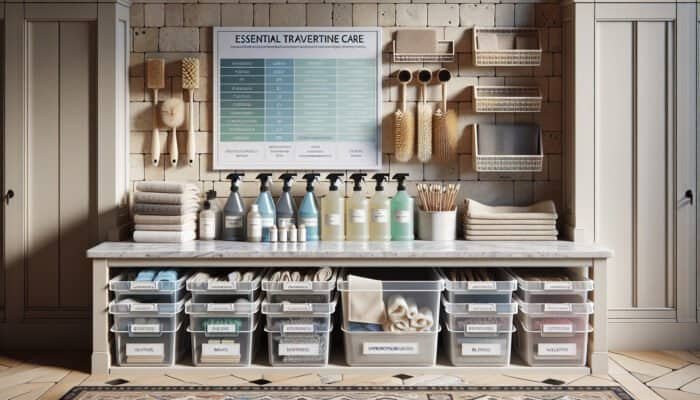 UK home cleaning station with travertine care essentials: cleaners, brushes, cloths, storage bins on travertine floor.