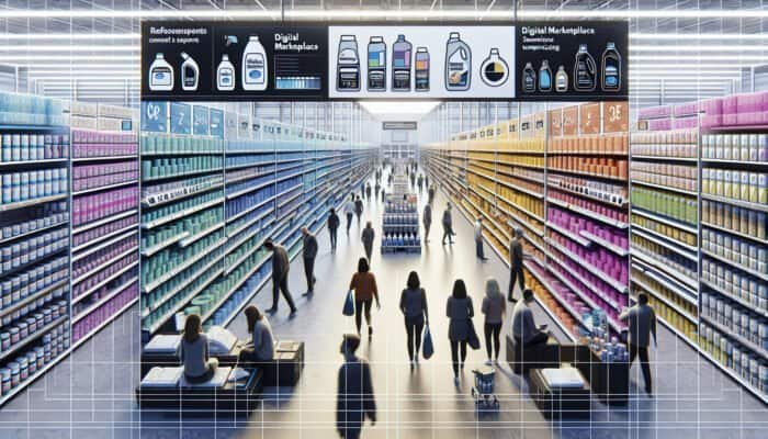 UK hardware store aisle with travertine cleaning products, B&Q, Wickes signs, and online listings on a screen.