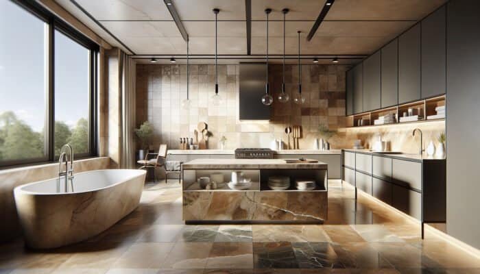 Modern UK kitchen and bathroom with honed, tumbled, polished travertine tiles in warm earth tones.